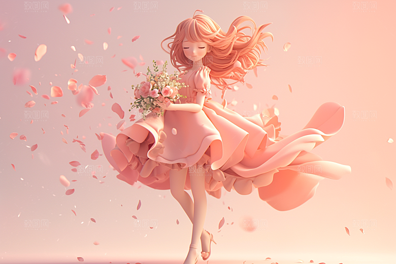 手捧鲜花的少女人物自然素材