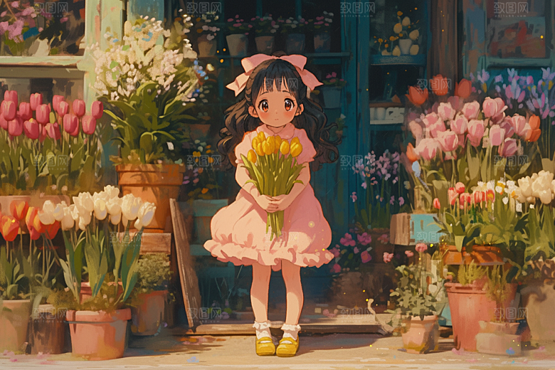 手捧鲜花的少女春天唯美素材
