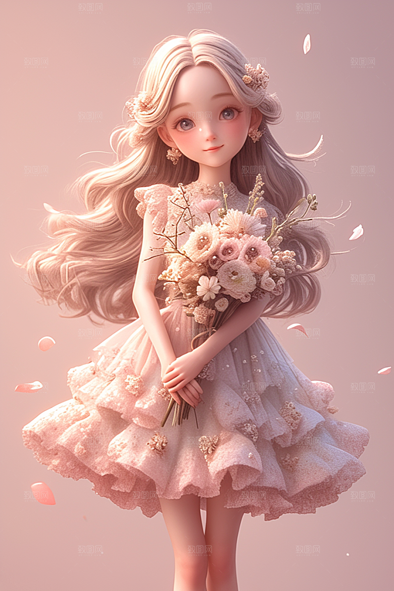 手捧鲜花的少女清新梦幻素材