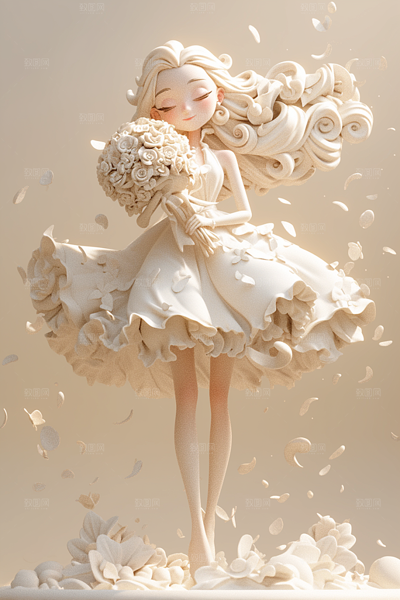 手捧鲜花的少女立体梦幻素材