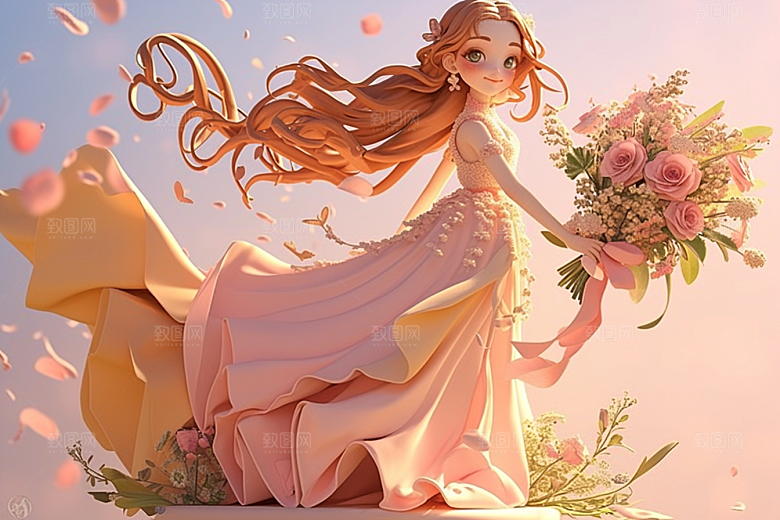 手捧鲜花的少女花朵肖像素材