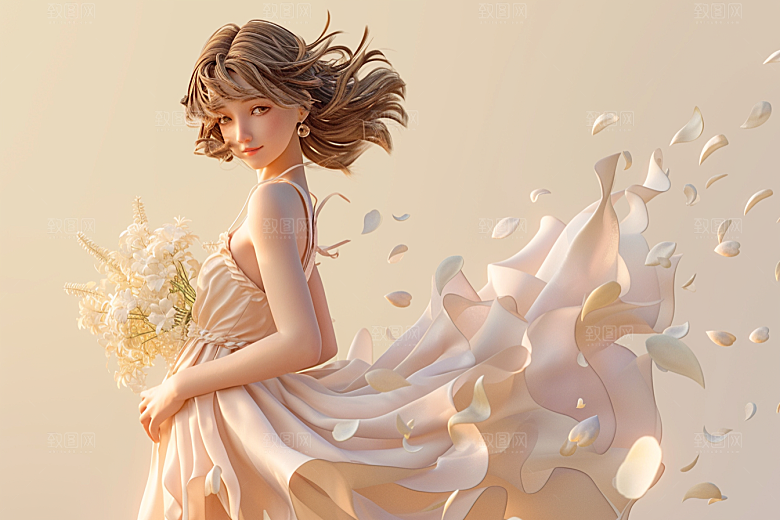手捧鲜花的少女清新烂漫素材