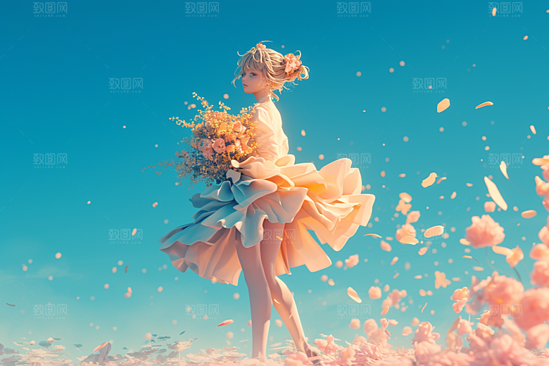 手捧鲜花的少女飞舞的裙摆青春素材