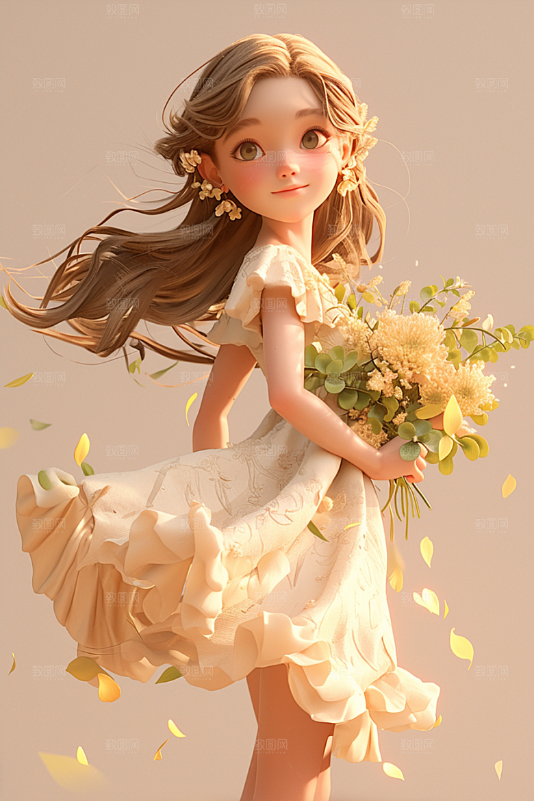手捧鲜花的少女立体飞舞的裙摆素材