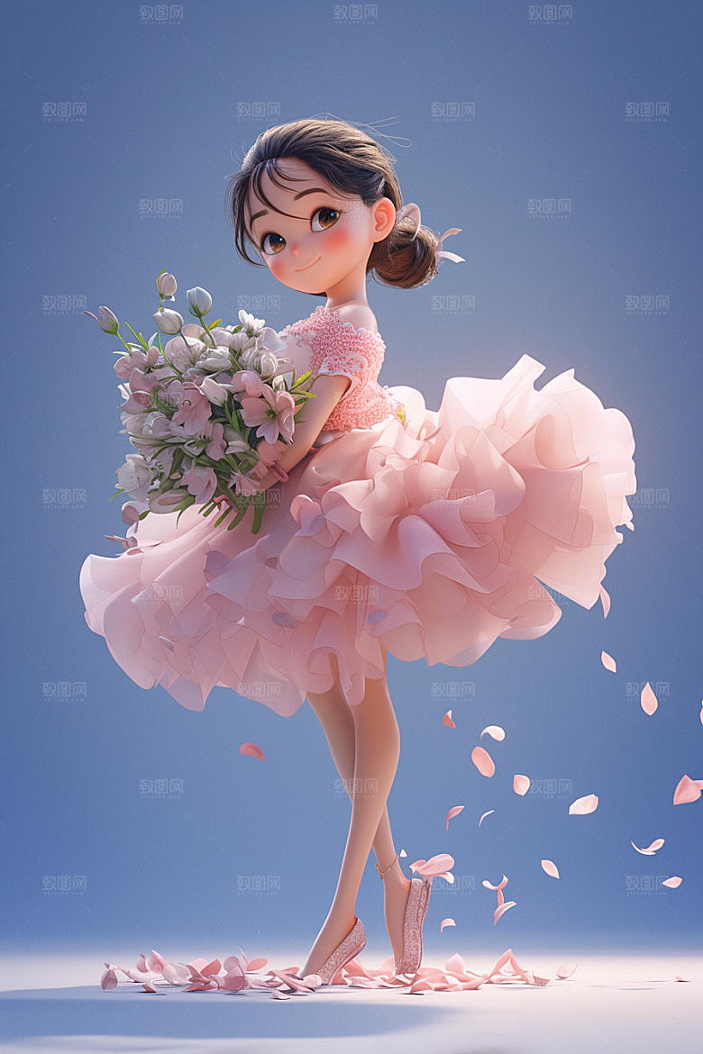 手捧鲜花的少女肖像3D素材