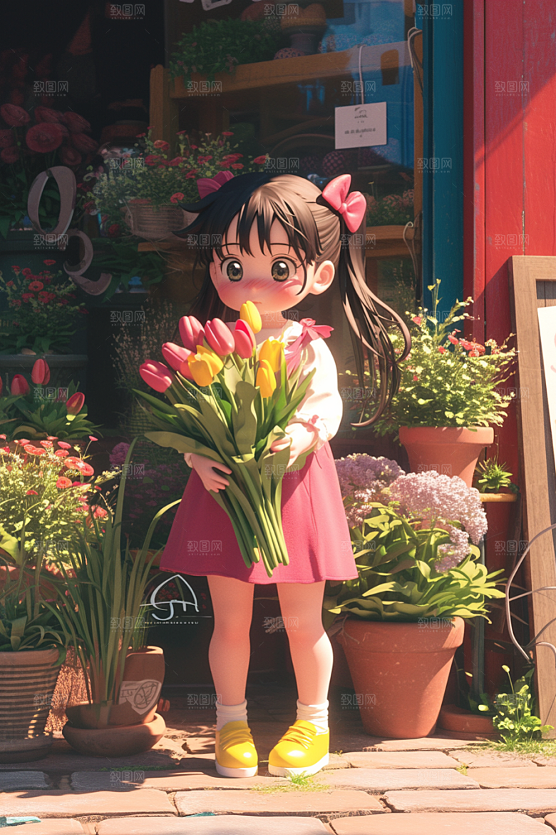 手捧鲜花的少女人物唯美素材