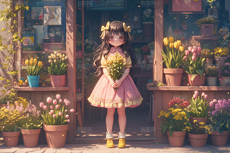 手捧鲜花的少女烂漫唯美素材