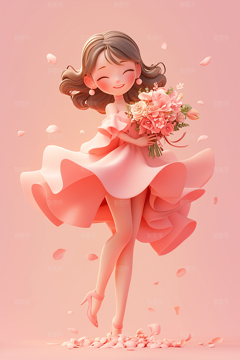 手捧鲜花的少女3D清新素材