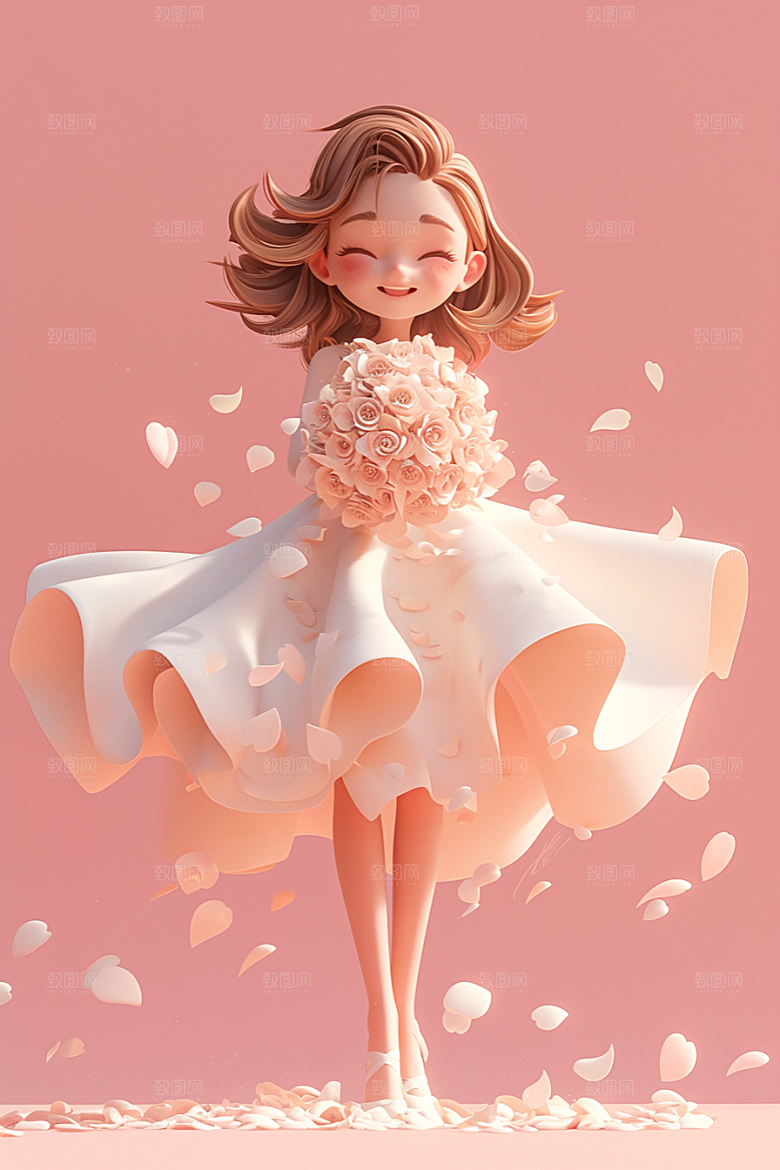 手捧鲜花的少女唯美青春素材