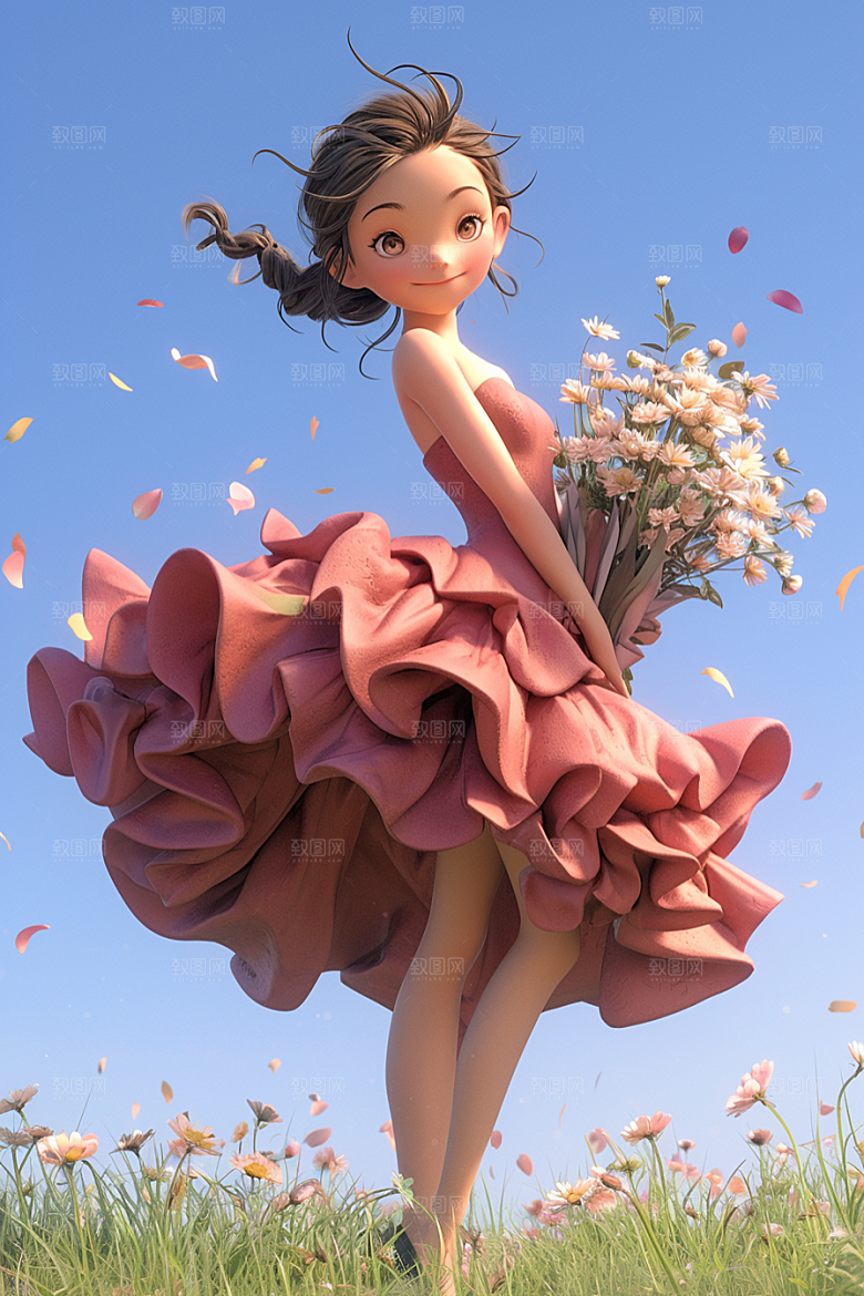 手捧鲜花的少女清新梦幻素材