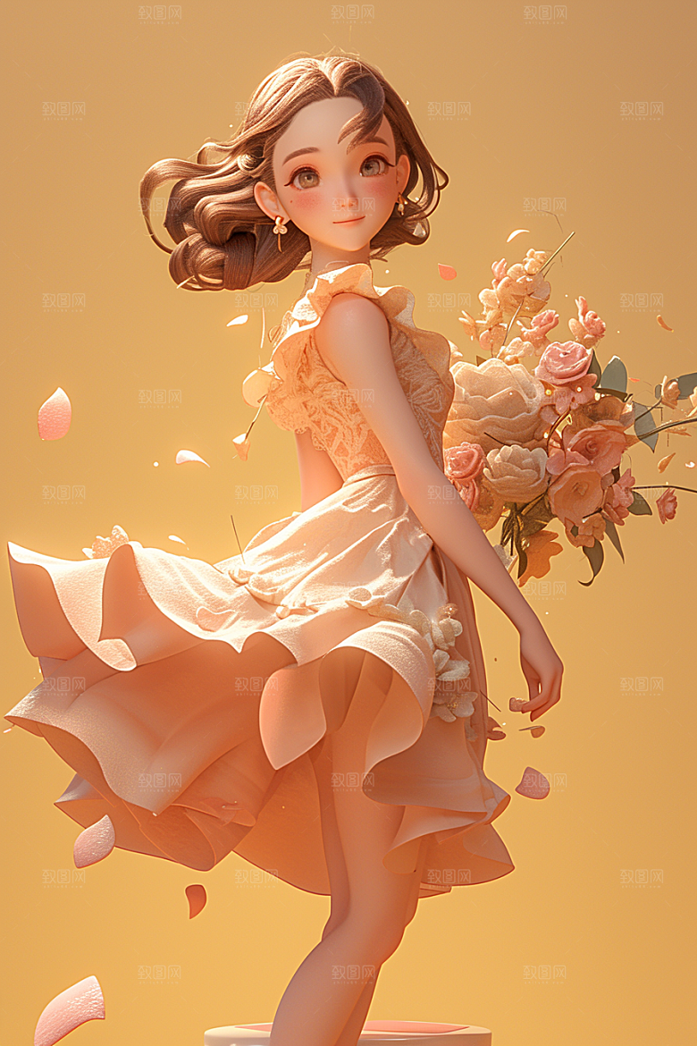 手捧鲜花的少女肖像立体素材
