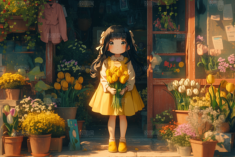 手捧鲜花的少女烂漫青春素材