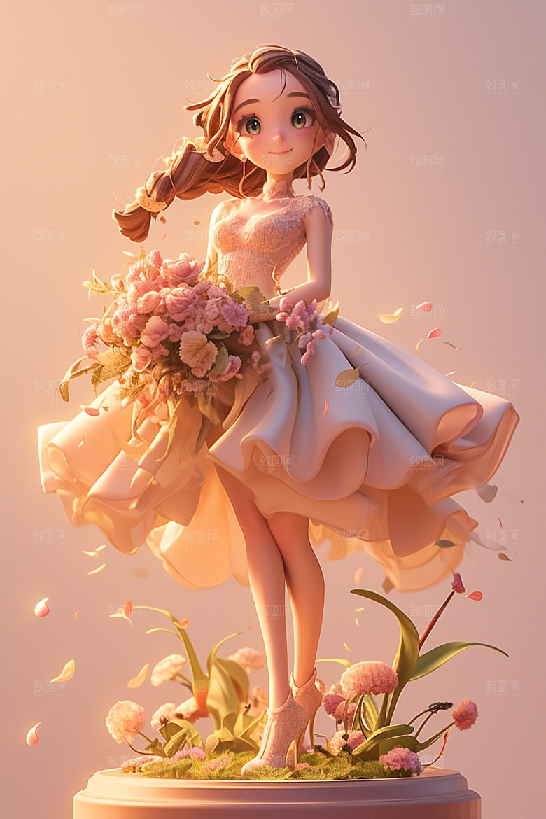 手捧鲜花的少女清新花朵素材