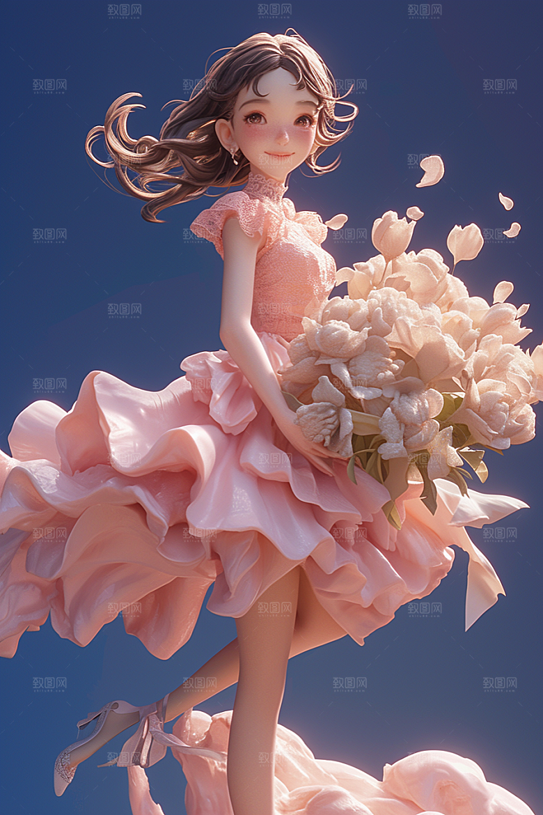 手捧鲜花的少女3D梦幻素材