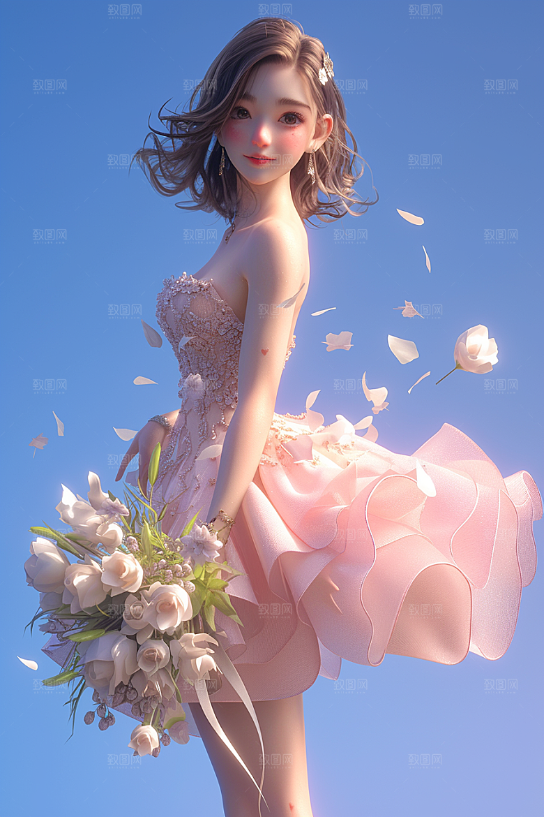 手捧鲜花的少女烂漫清新素材