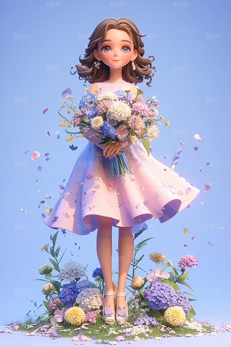 手捧鲜花的少女青春立体素材