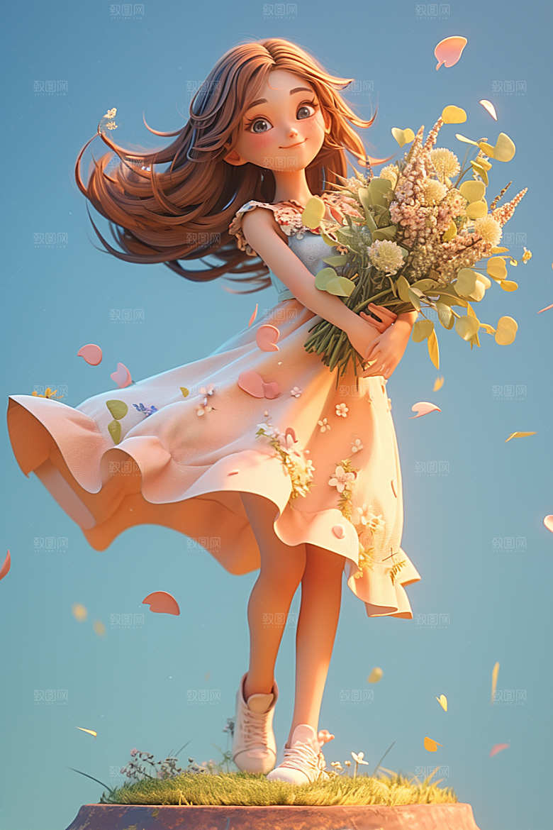 手捧鲜花的少女自然清新素材