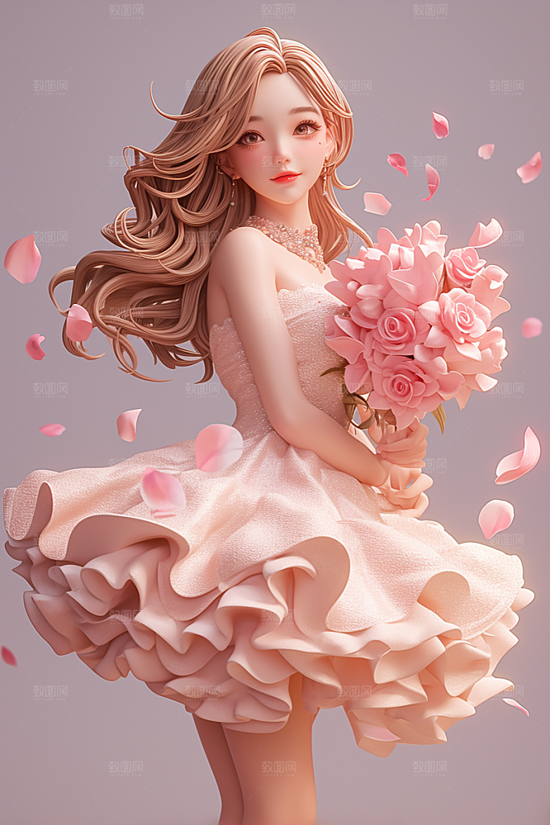 手捧鲜花的少女模型肖像素材