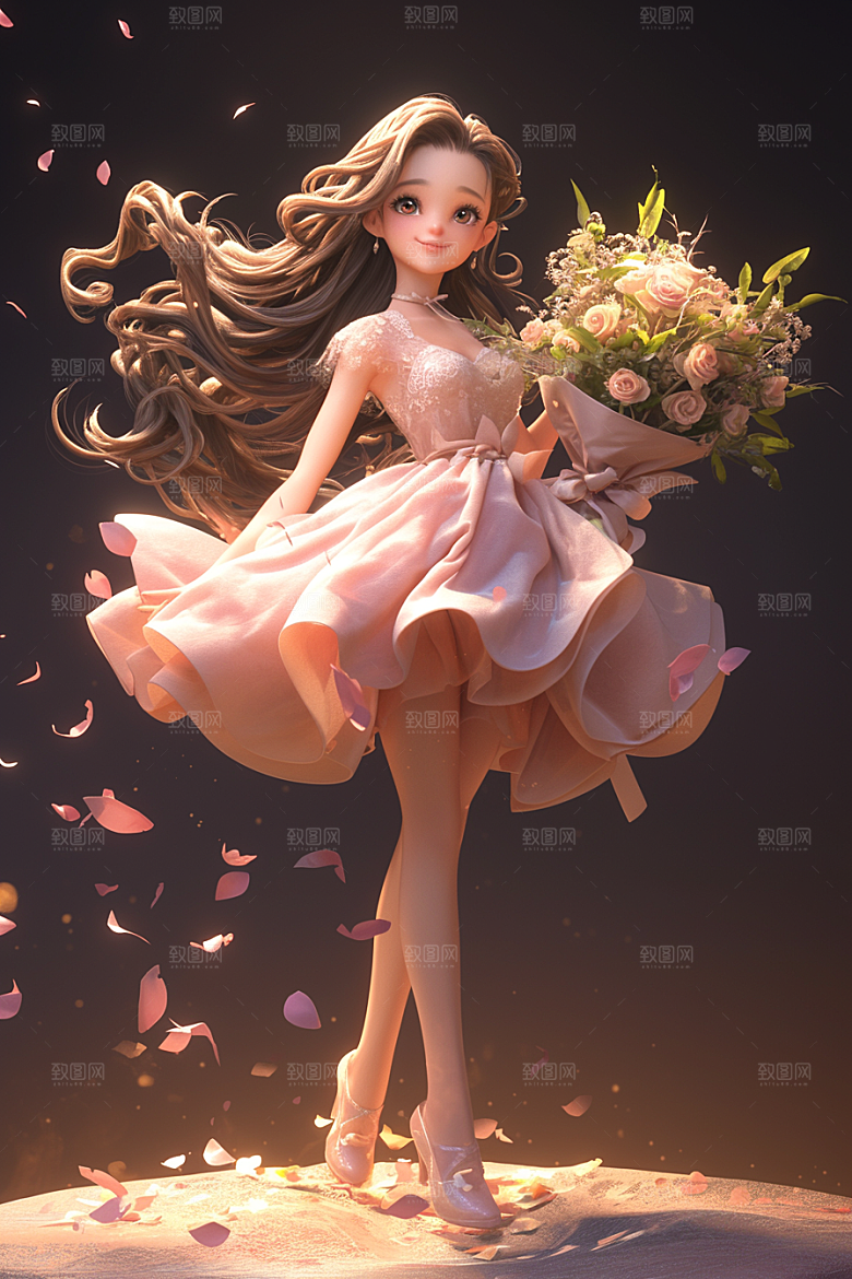 手捧鲜花的少女人物青春素材