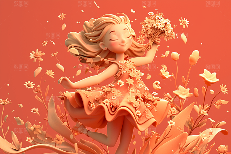 手捧鲜花的少女人物花朵素材