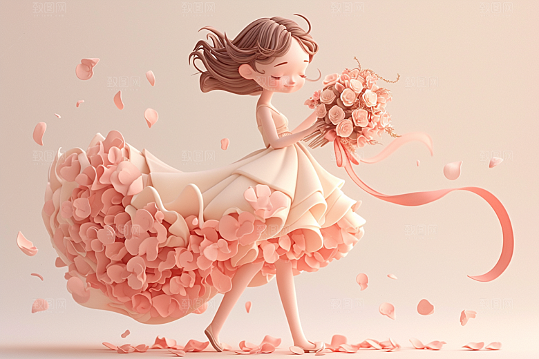 手捧鲜花的少女3D清新素材
