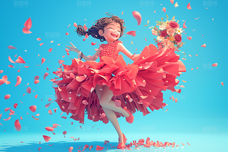 手捧鲜花的少女3D立体素材