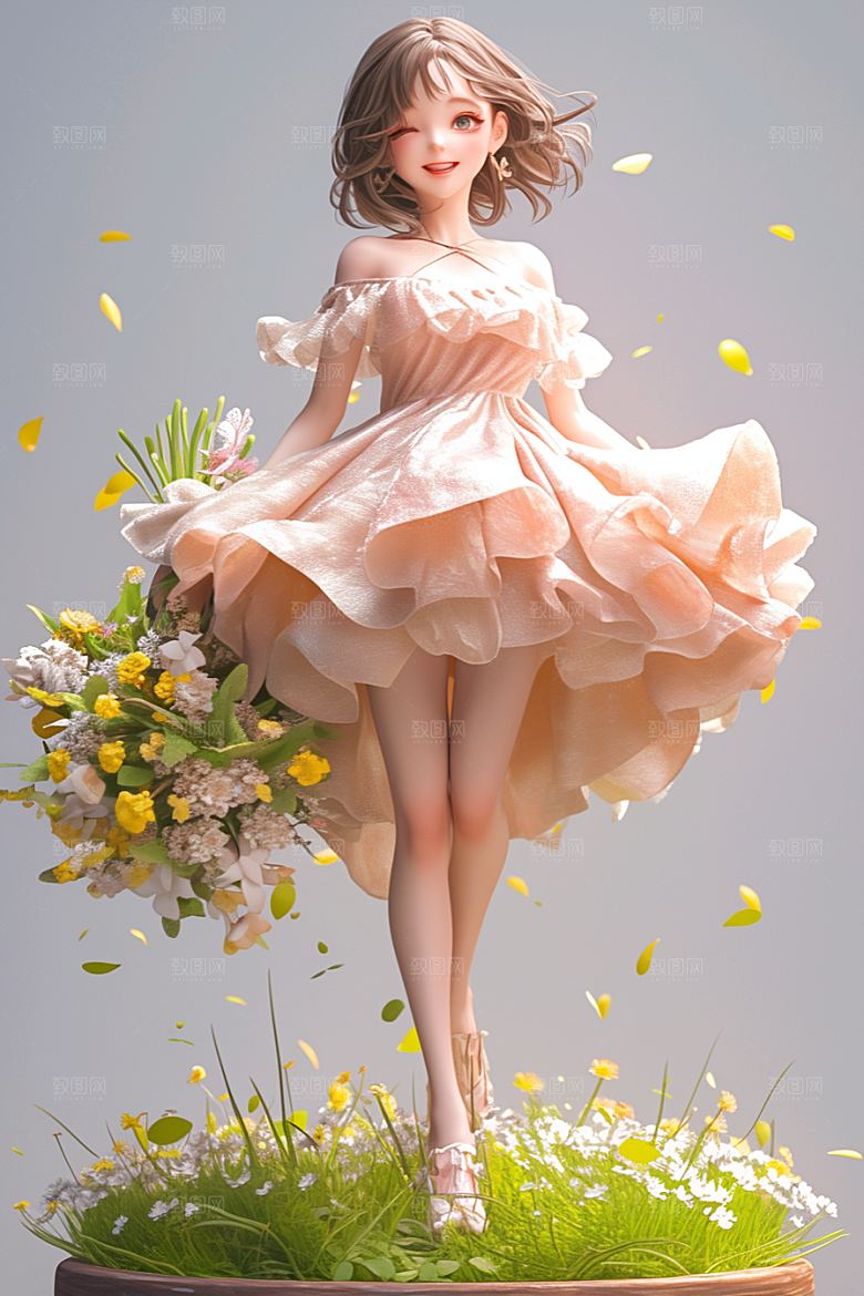 手捧鲜花的少女春天肖像素材