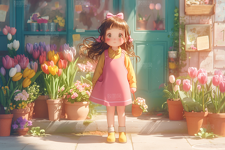 手捧鲜花的少女人物青春素材