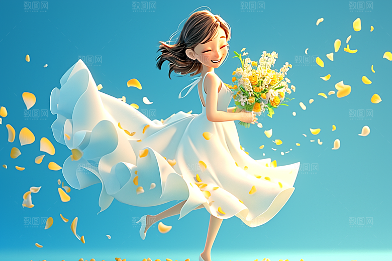 手捧鲜花的少女自然立体素材