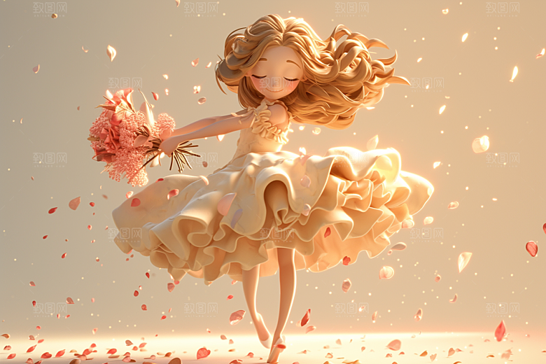 手捧鲜花的少女春天梦幻素材