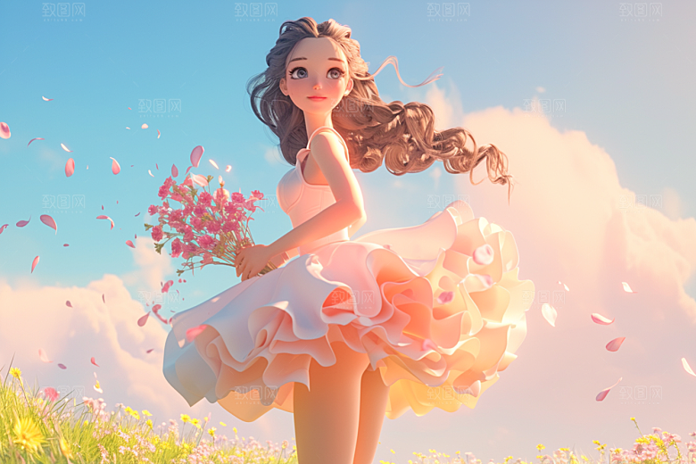 手捧鲜花的少女人物立体素材