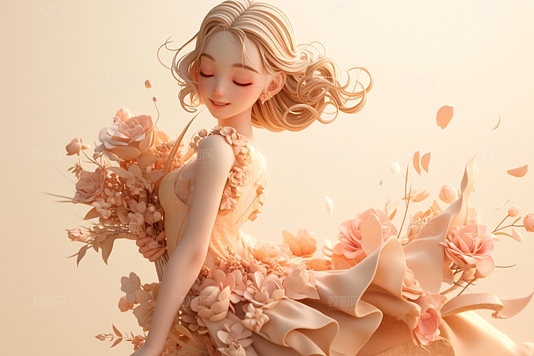 手捧鲜花的少女立体3D素材