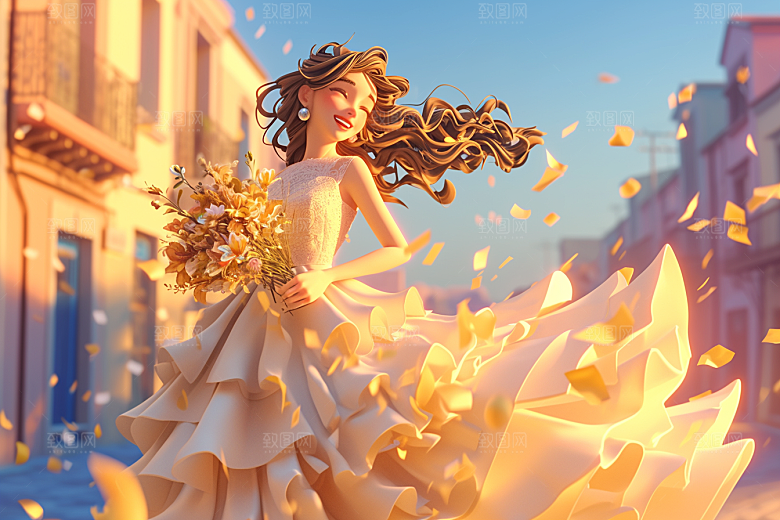 手捧鲜花的少女烂漫3D素材