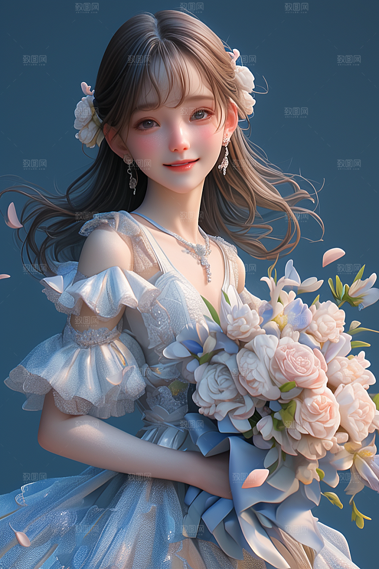 手捧鲜花的少女立体唯美素材