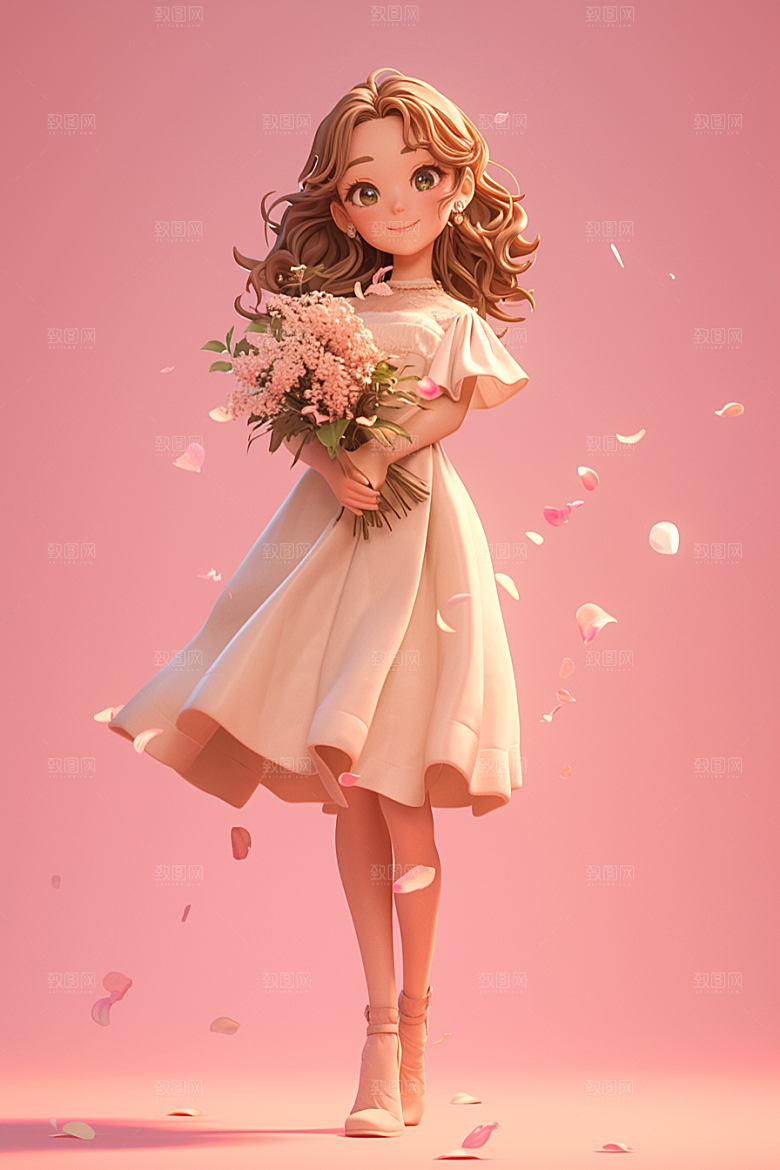 手捧鲜花的少女人物自然素材