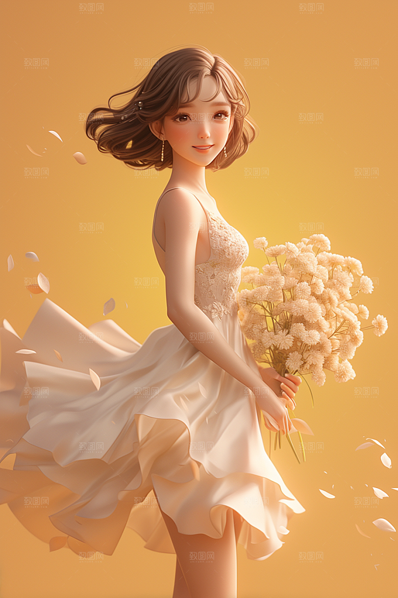 手捧鲜花的少女春天肖像素材