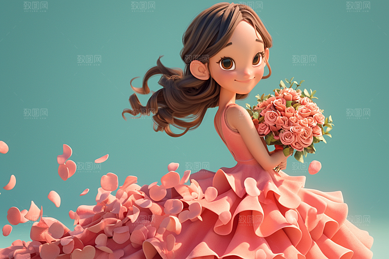 手捧鲜花的少女3D模型素材