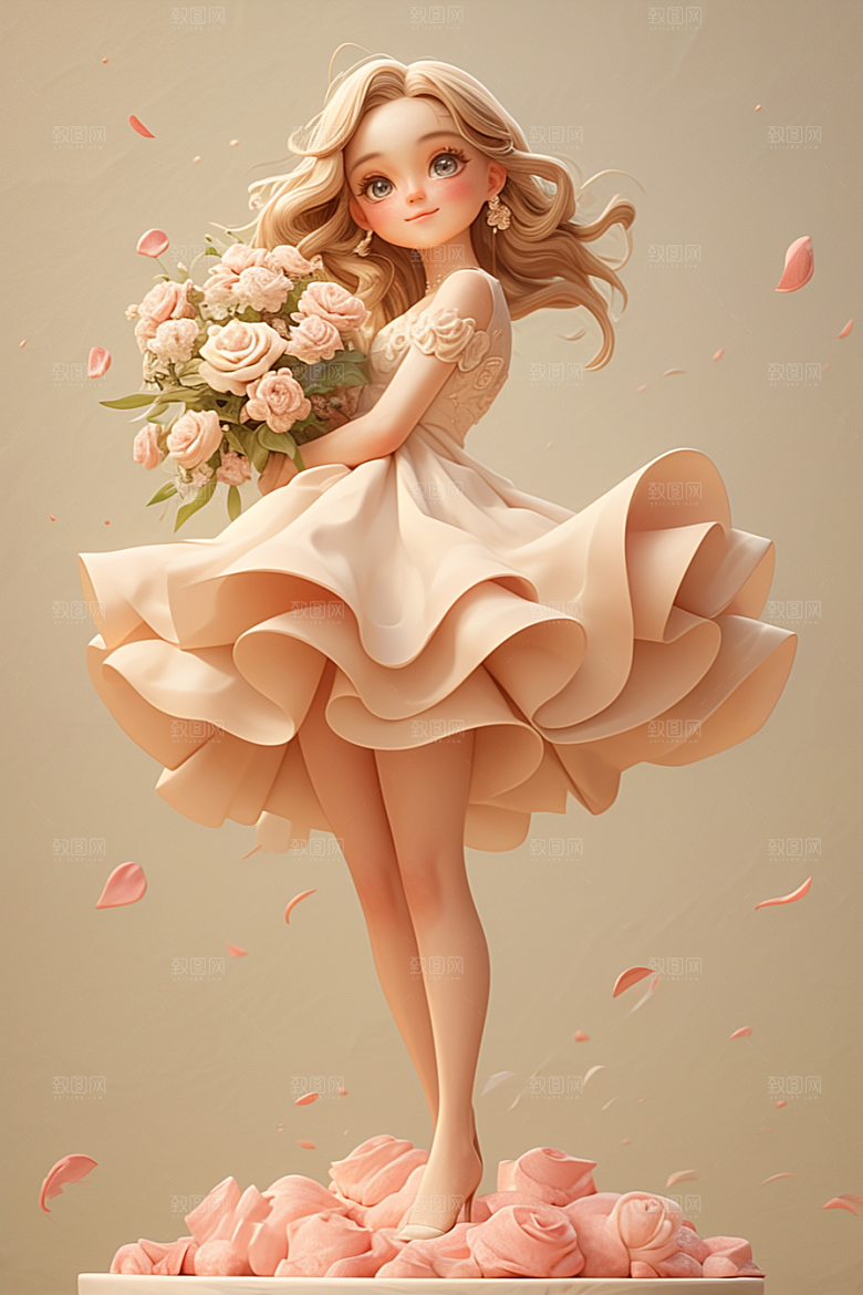 手捧鲜花的少女模型春天素材