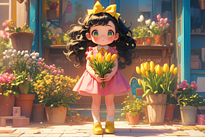 手捧鲜花的少女肖像自然素材