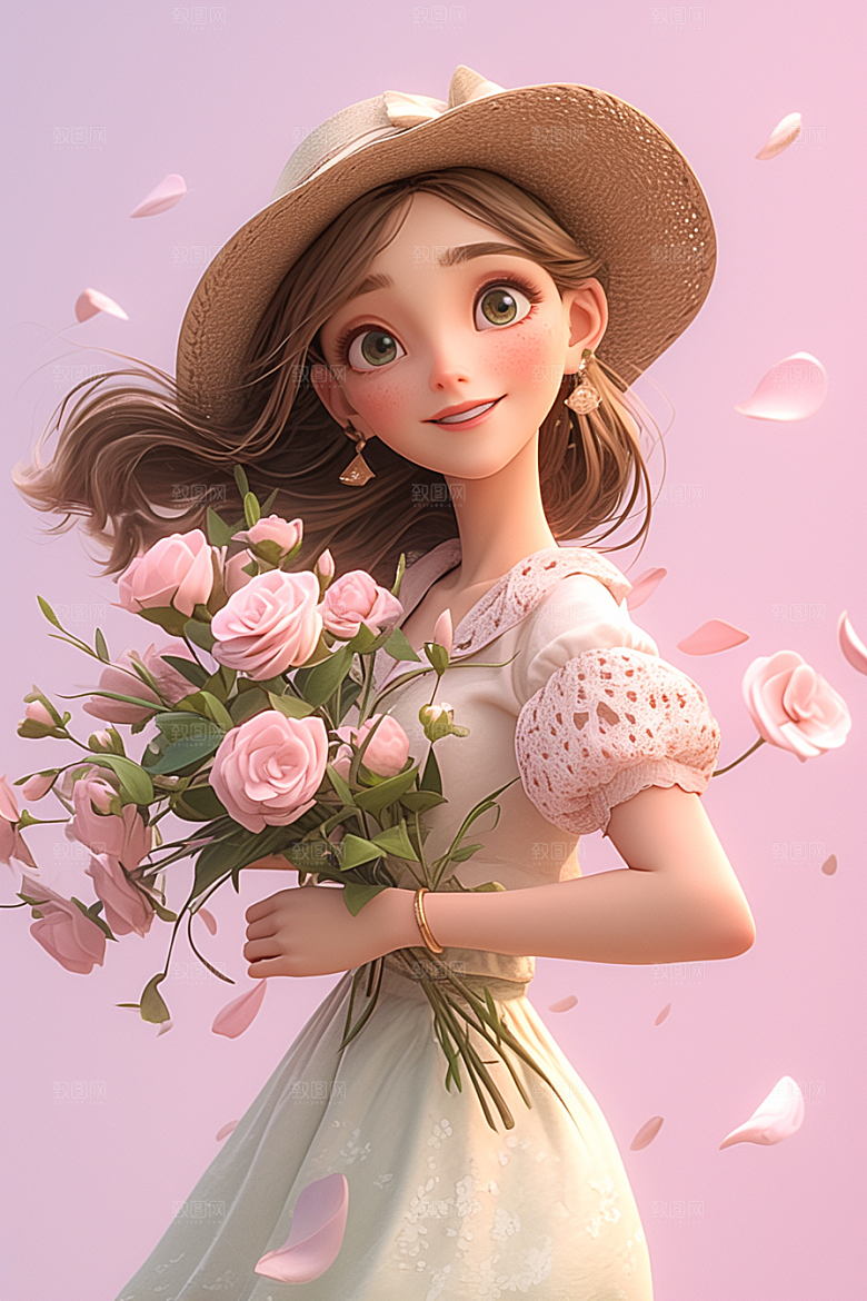 手捧鲜花的少女飞舞的裙摆3D素材