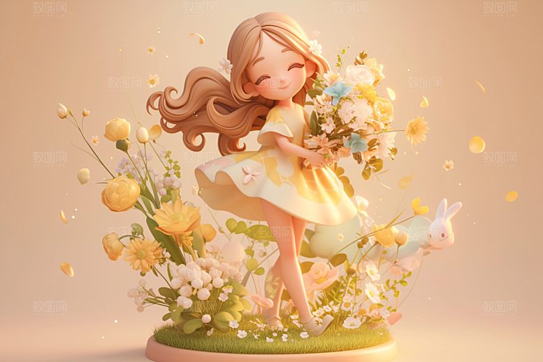 手捧鲜花的少女人物肖像素材