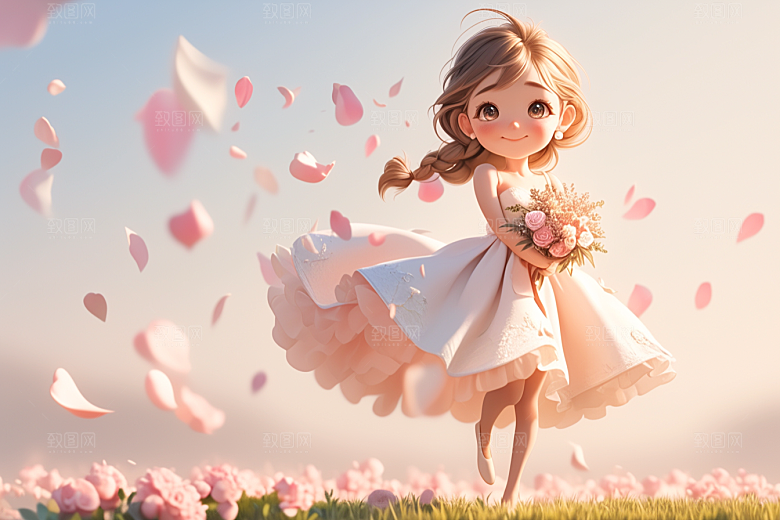 手捧鲜花的少女3D模型素材