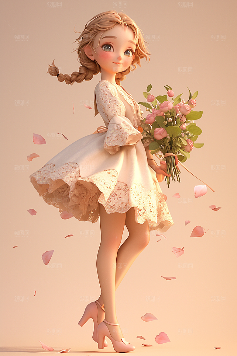 手捧鲜花的少女模型3D素材