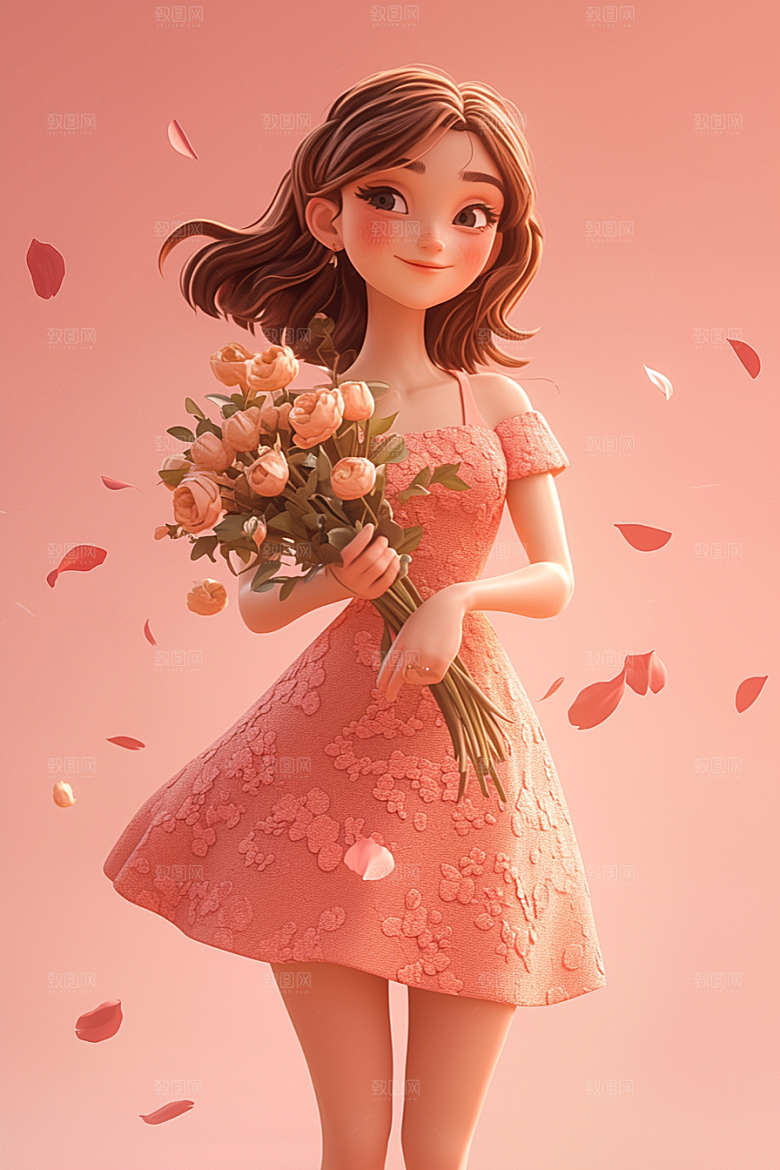 手捧鲜花的少女唯美人物素材