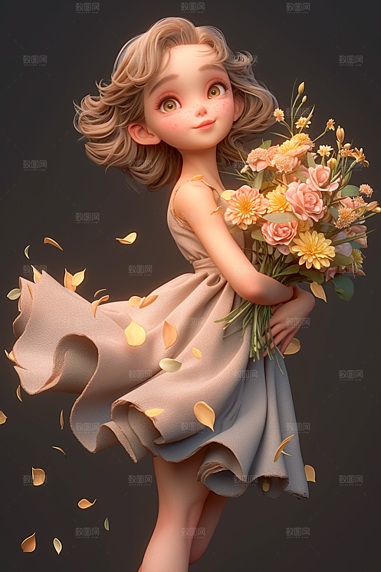 手捧鲜花的少女3D梦幻素材