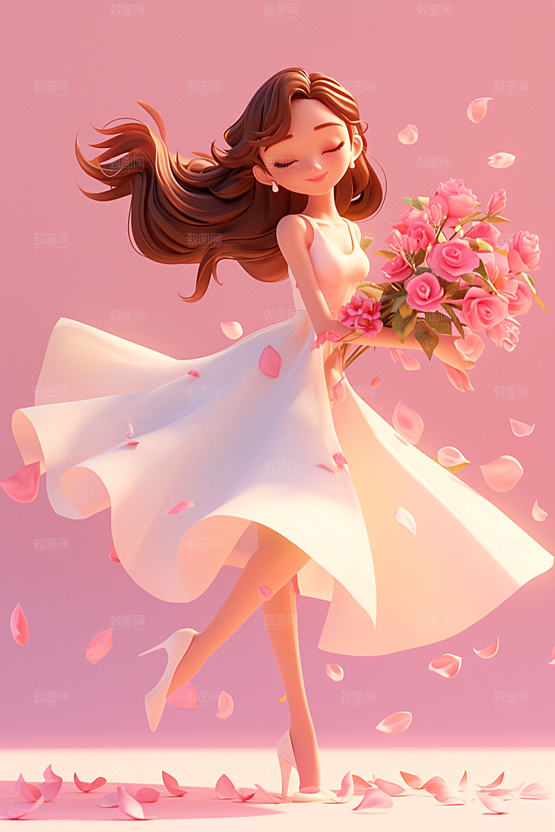 手捧鲜花的少女立体花朵素材
