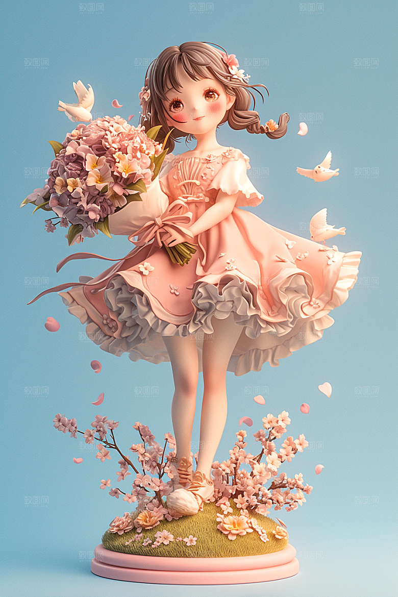 手捧鲜花的少女花朵模型素材