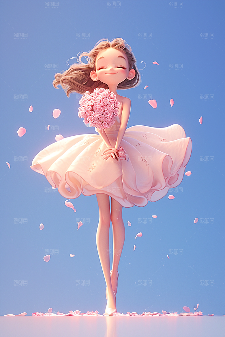 手捧鲜花的少女肖像梦幻素材