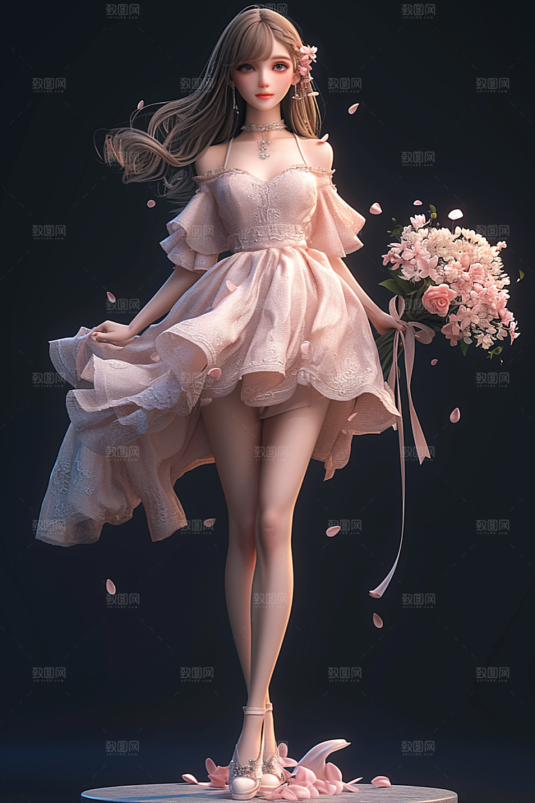 手捧鲜花的少女肖像梦幻素材