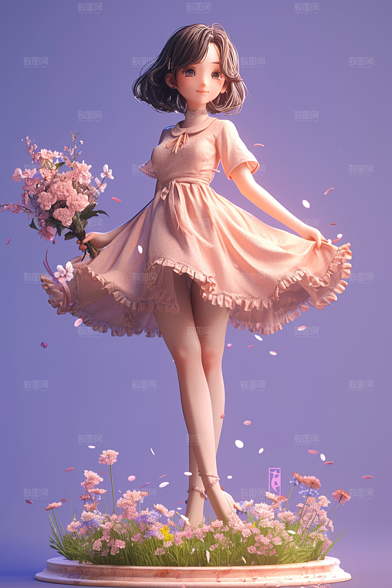 手捧鲜花的少女立体清新素材